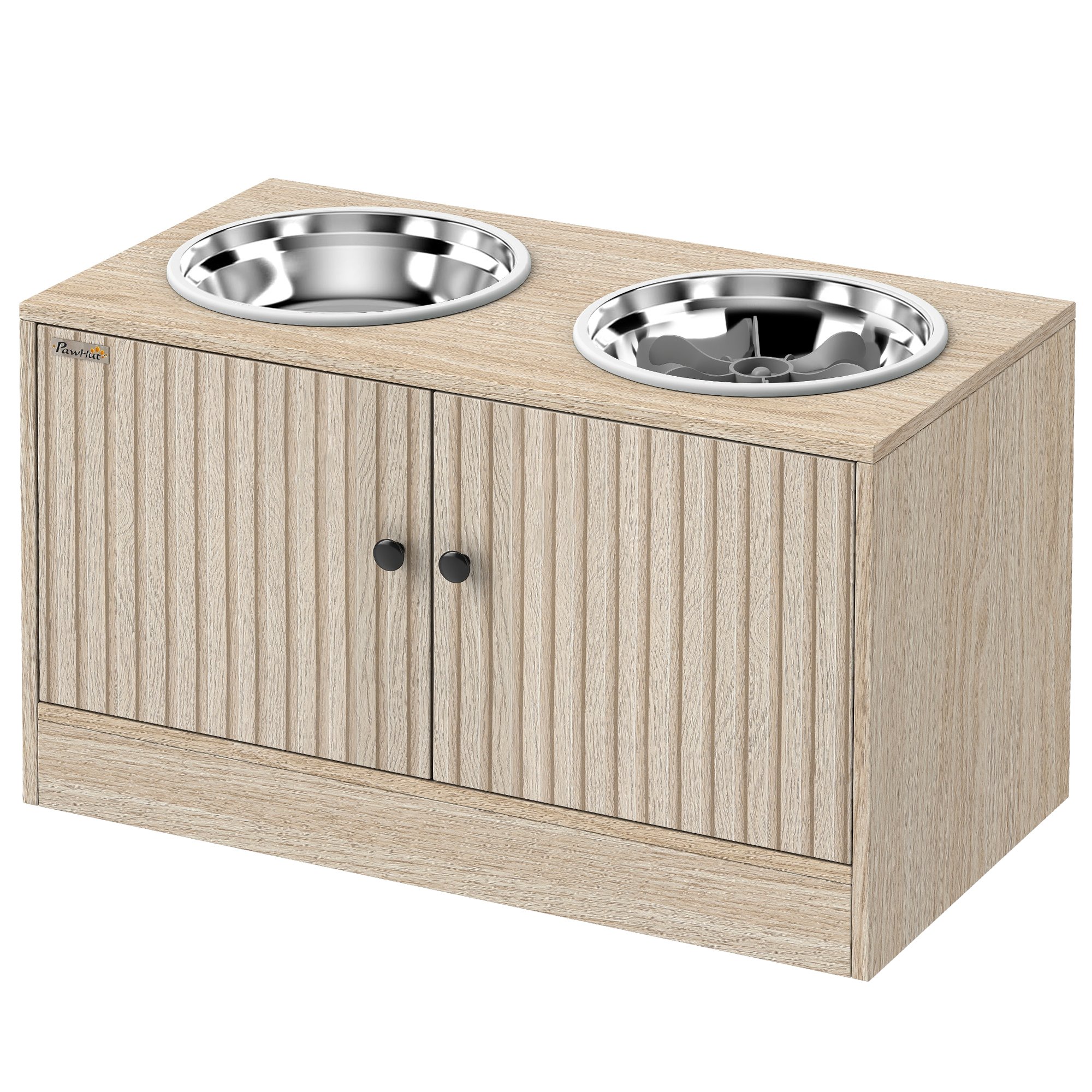 Elevated Dog Bowls with Storage Cabinet,  2 Stainless Steel Bowls, Slow Feeder, Dog Feeding Station for Large Dogs, Oak
