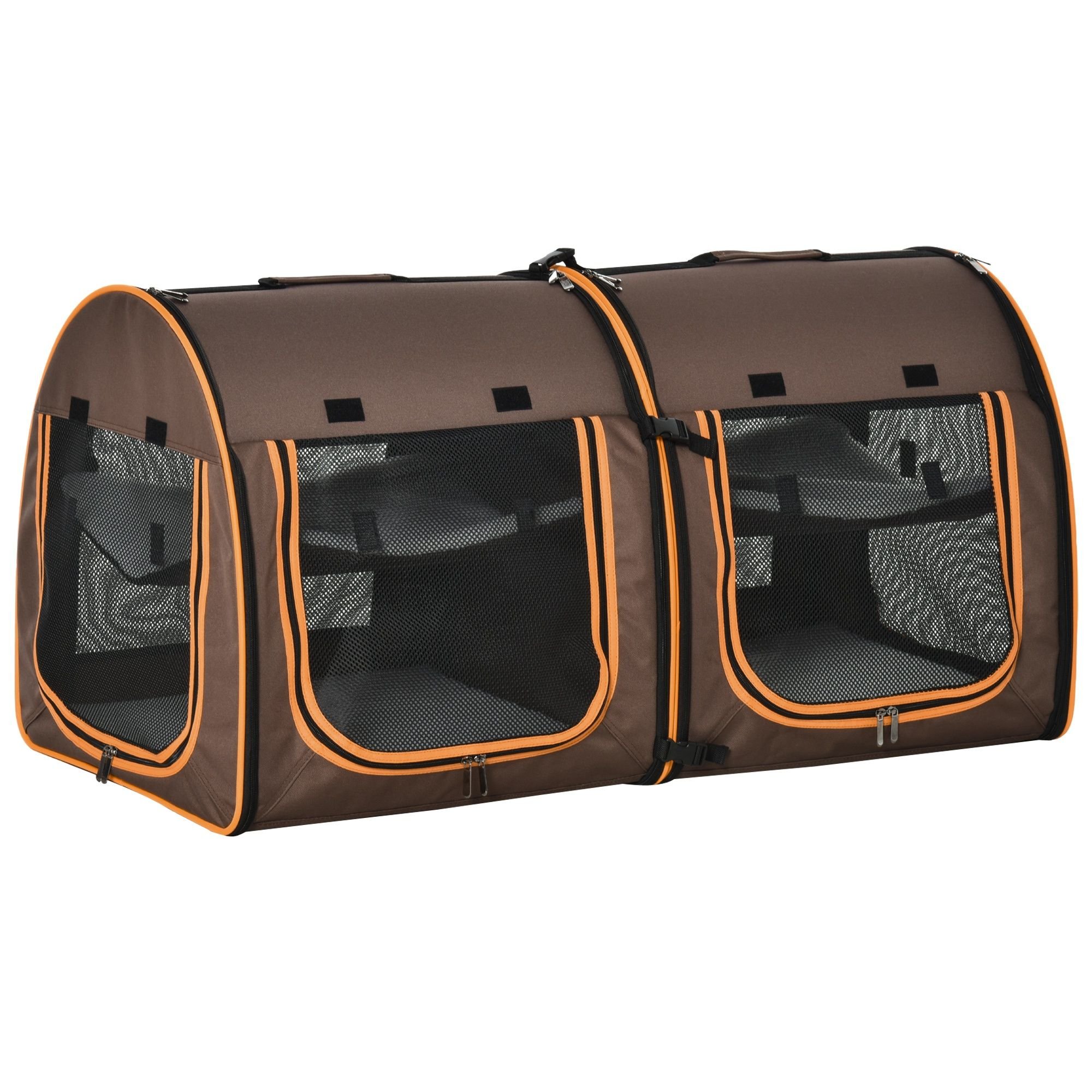 PawHut Portable Cat Cage 39 Twin Compartment Show House with Soft Cushions Storage Bag Brown