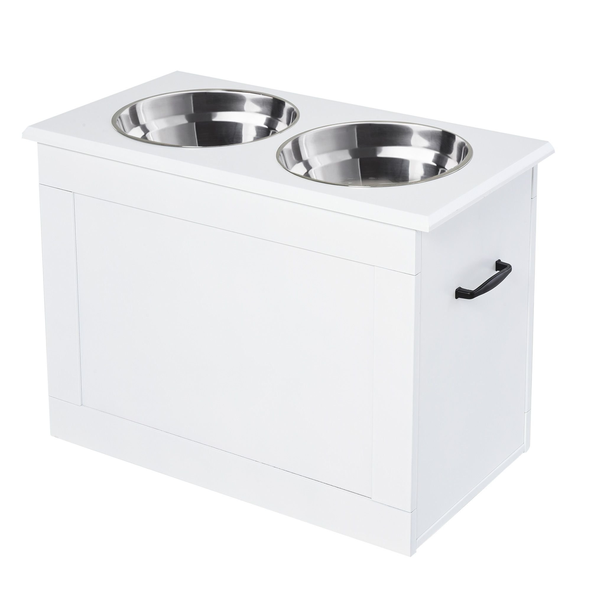 PawHut White Raised Pet Dining Station with Food Storage and Steel Bowls for Big Pups