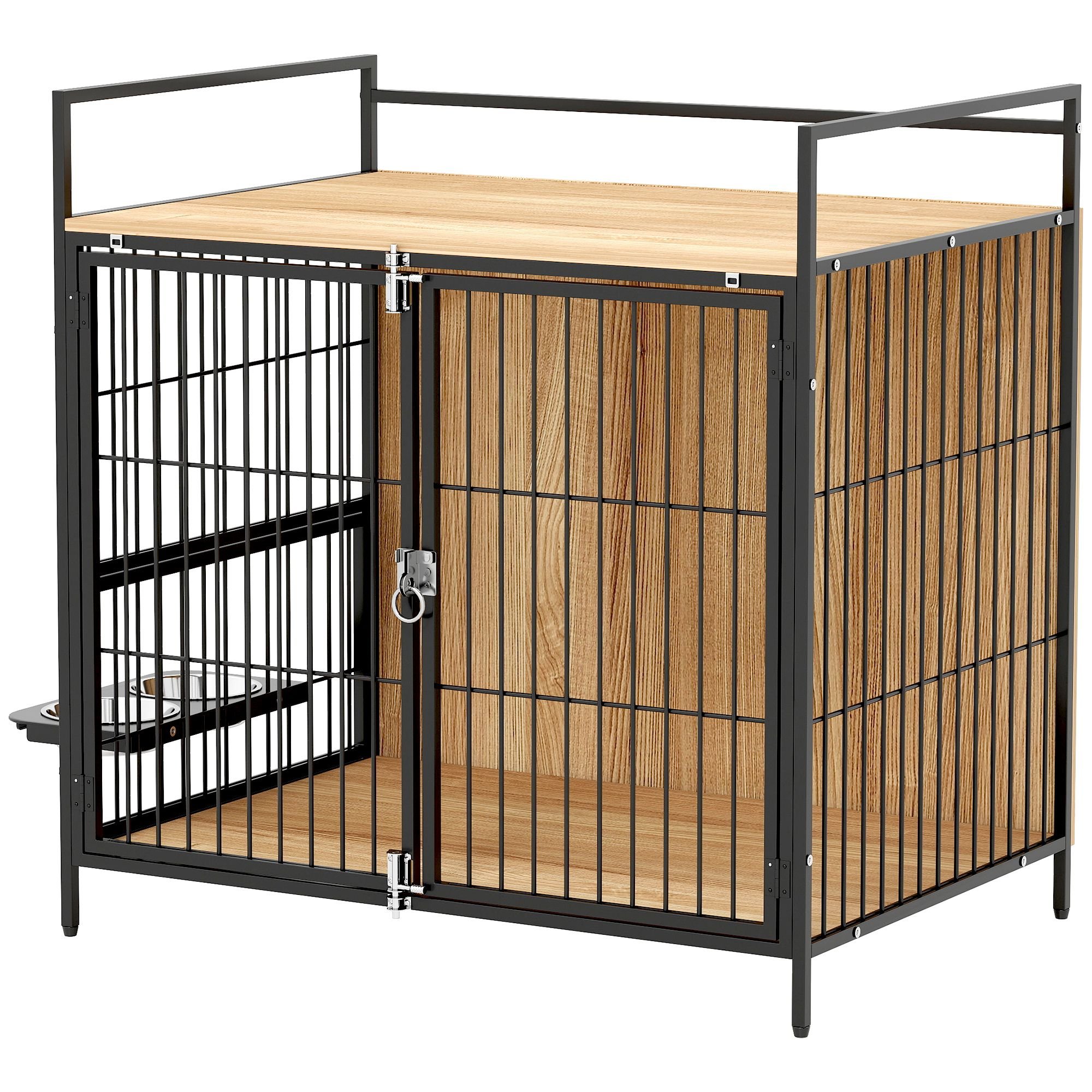 PawHut 30 Inch Dog Crate Furniture, Indoor Pet Kennel Side Table with Rotatable Bowls, 2 Anti-Escape Doors, for M Dogs, Oak