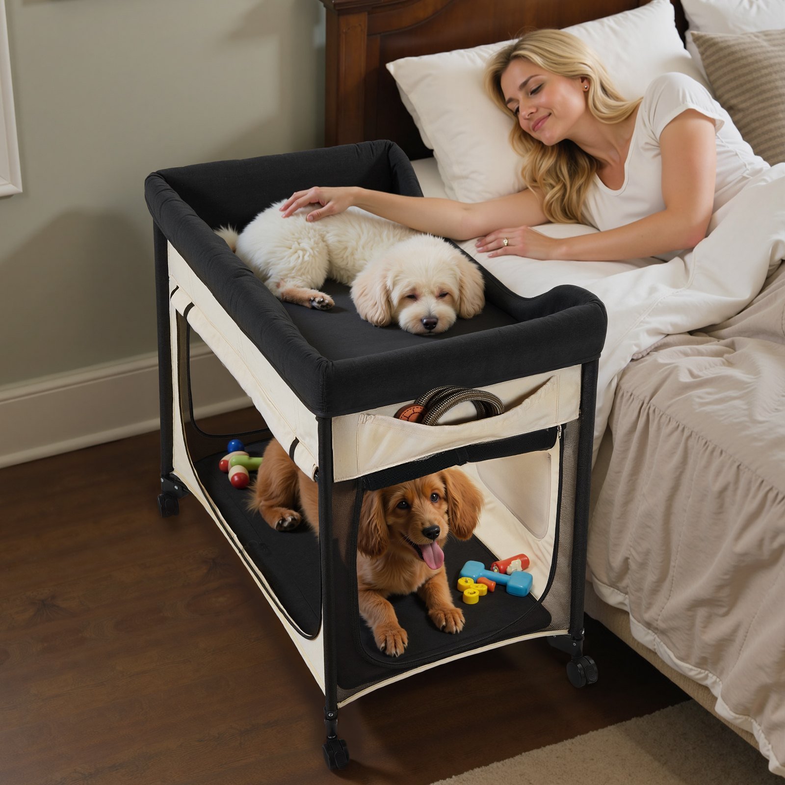 Elevated Lounge Pet Bed, Foldable Bunk Dog Bed With 600D Oxford Cloth And Dutch Velvet, Portable Raised Cot With Wheels, Side Storage Bags, And Carry