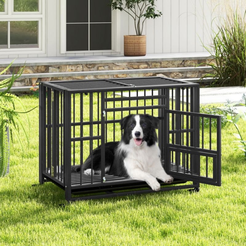Foldable Heavy-Duty Metal Dog Cage Chew-proof Dog Crate with Lockable Universal Wheels (Color: black)